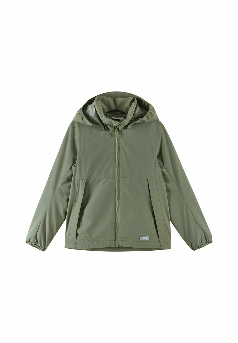 Olive green hooded jacket made of lightweight fabric, featuring a front zip, elastic cuffs, and two side pockets for storage.