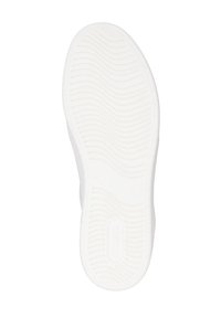 Weiße Sneaker-Sohle mit strukturierten Wellenmustern und prägierten Logos. Glattes Gummimaterial, entworfen für Traktion und Langlebigkeit.