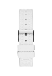 Bracelet de montre en silicone blanc avec motif texturé, plusieurs trous d'ajustement, et une boucle en métal argenté poli.