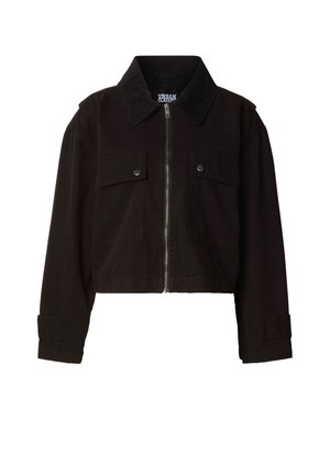 Veste noire courte en coton, dotée d'une fermeture éclair à l'avant, de deux poches poitrine et d'un col en velours côtelé avec poignets boutonnés.