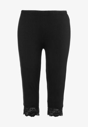 Pantalones de stretch negros con un borde de encaje en el dobladillo, que presentan un diseño clásico y una cintura elástica para mayor comodidad y facilidad de uso.
