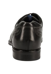 Schwarzer Leder-Dressschuh mit Brogue-Details, runder Form und glatter Textur. Verfügt über einen leichten Absatz und ein blaues Innenetikett.