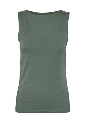Nátelník bez rukávov olivovo zelený s okrúhlym výstrihom a priliehavým strihom, zobrazený na bielom pozadí.