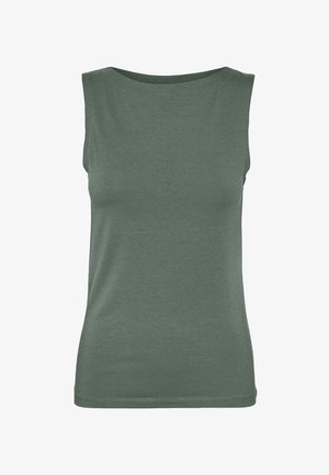 Ermeløs olivengrønn tanktop med rund hals og innsvinget silhuett, vist mot hvit bakgrunn.