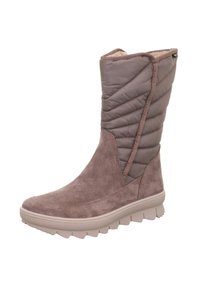 Middenhoog taupe winterlaars met een suède onderkant, een gestikt stoffen bovenwerk, een beige rubberen zool en warme fleecelining aan de binnenkant.