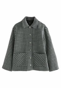 Sako s šedým a černým houndstooth vzorem, s límečkem, knoflíkovým zapínáním vpředu a dvěma předními kapsami. Měkký textilní materiál.