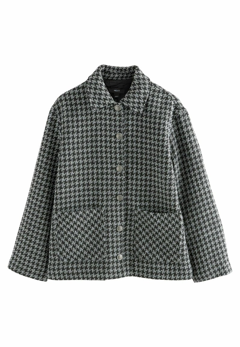 Sako s šedým a černým houndstooth vzorem, s límečkem, knoflíkovým zapínáním vpředu a dvěma předními kapsami. Měkký textilní materiál.