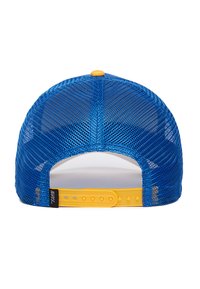 Blue mesh baseball cap with a yellow plastic strap closure. Features a circular top button and a tag labeled "GOORIN BROS" on the side.