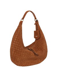 Braune gewebte Wildleder-Handtasche in Hobo-Form mit einem einzelnen Schulterriemen und einem Reißverschluss. Enthält ein kleines Etikett mit Markenlogo.