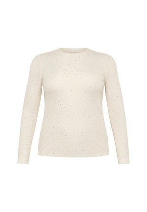 Halenka s dlhým rukávom v krémovej farbe so subtilným bodkovaným vzorom a striebornými akcentmi; hladká textúra, okrúhly výstrih, obtiahnutý strih.