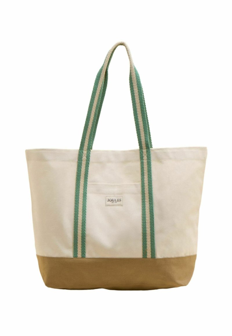 Borsa tote in tela con manici a righe verdi e crema, corpo crema e base marrone. Presenta un piccolo dettaglio logo sul davanti.