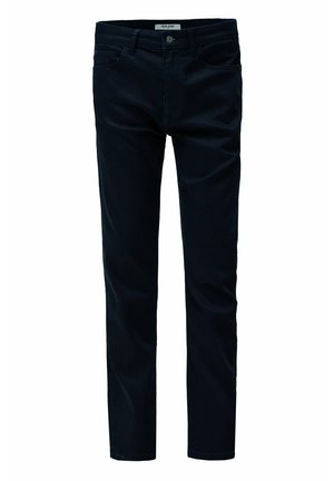 Donkerblauwe slim-fit jeans met een voorste knoop en zakken, ontworpen voor een op maat gemaakte, moderne uitstraling.