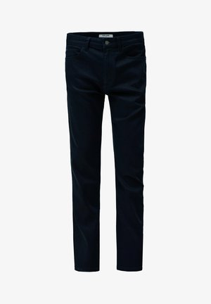 Jean slim bleu foncé avec fermeture à bouton sur le devant et poches, conçu pour une silhouette moderne et ajustée.