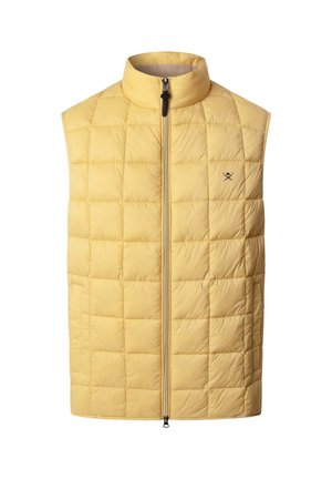 Gelbe gesteppte ärmellose Weste mit hohem Kragen, Frontreißverschluss und kleinem schwarzem Logo auf der linken Brust.