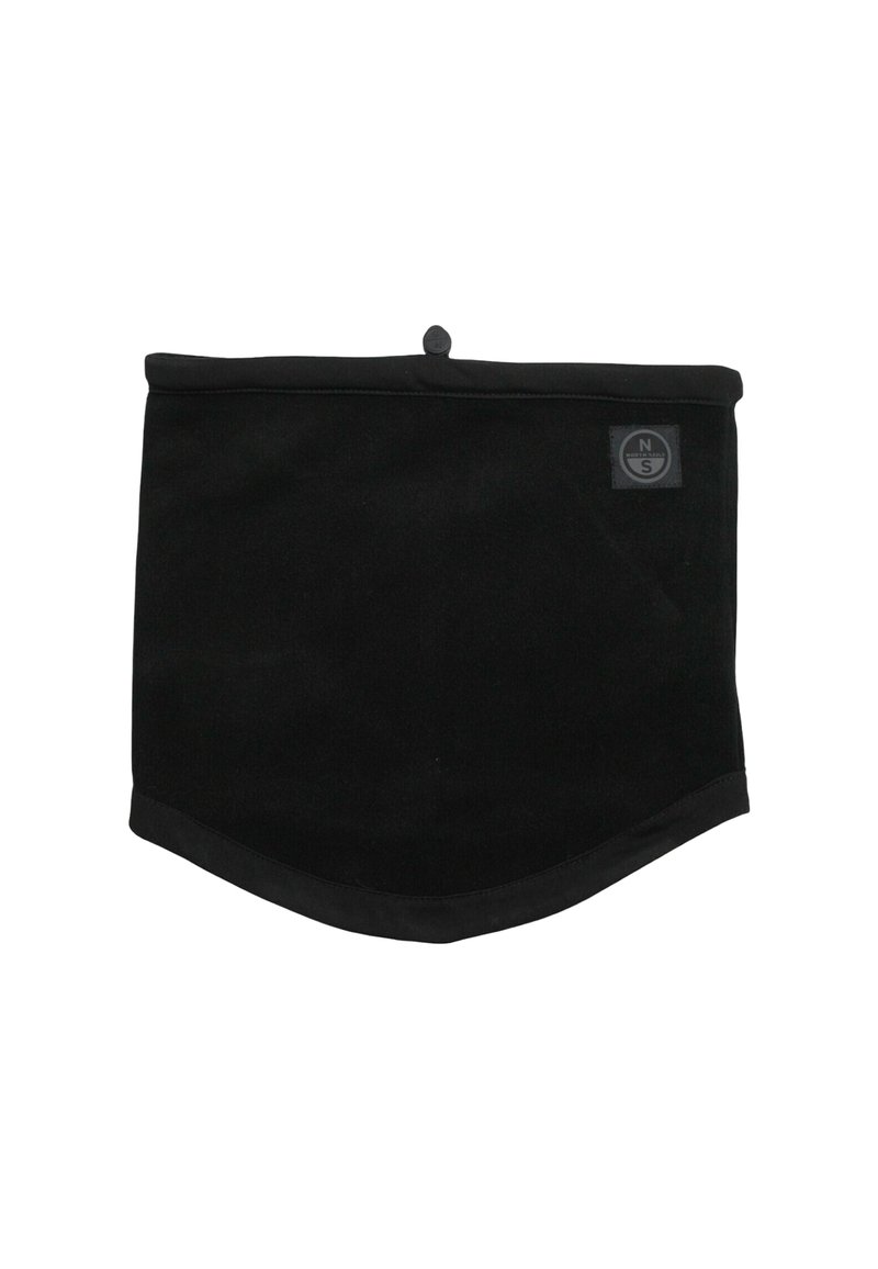 Gaiter nero in tessuto morbido, con superficie liscia e fondo arrotondato. Include una piccola etichetta con logo sul lato.