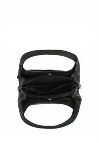 Musta nahkakäsilaukku, jossa on kaksinkertaiset kahvat, vetoketjulliset osastot, sileä pinta ja jämäkkä muotoilu. Sisältö sisältää useita taskuja.