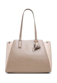 Beige leather tote bag with smooth texture. Features two shoulder straps, a side tassel accent, and subtle gold branding on the front.