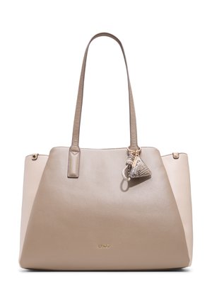 Beige leather tote bag with smooth texture. Features two shoulder straps, a side tassel accent, and subtle gold branding on the front.