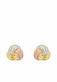 Guld-, silver- och roséga studörhängen med en vriden design, som har polerade och texturerade detaljer för visuell kontrast.