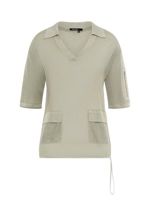 Hellgrüner kurzärmeliger Strickpullover mit V-Ausschnitt, zwei Fronttaschen, Reißverschlusstasche am Ärmel und Kordel am Saum.