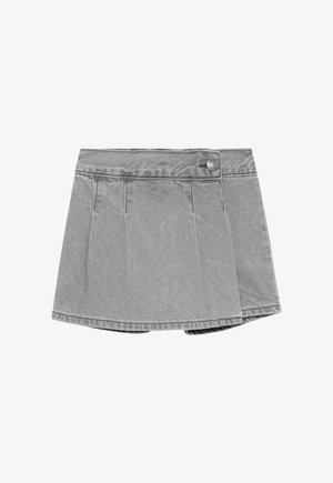 Szara mini spódnica denimowa z wysokim stanem, ozdobiona plisami i zapięciem na guziki. Tkanina ma gładką teksturę i prosty design.