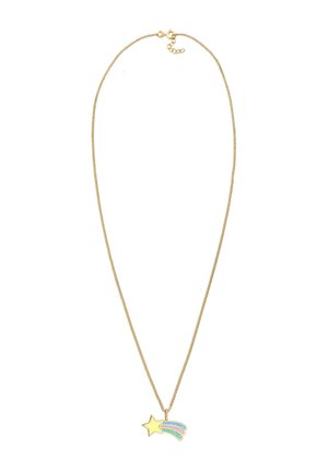 Collier en chaîne en or avec une étoile jaune et un pendentif de comète multicolore aux trois bandes courbes. Texture lisse, design léger.