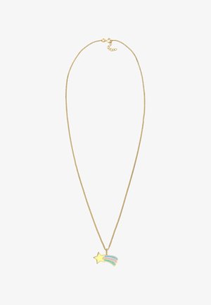 Collier en chaîne en or avec une étoile jaune et un pendentif de comète multicolore aux trois bandes courbes. Texture lisse, design léger.
