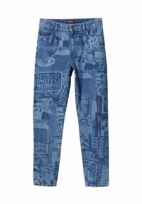 Blue denim jeans featuring a collage print of various patterns and text, five pockets, and a standard waistband with a button closure.