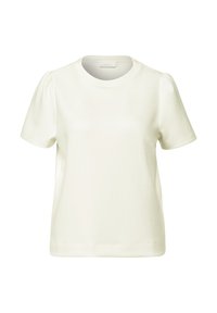 T-shirt blanc à manches courtes avec un col rond et une texture douce. Présente des manches légèrement bouffantes et un ourlet droit. Design simple et décontracté.