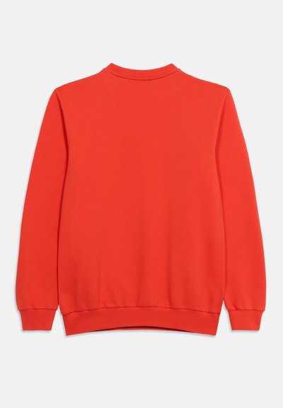 Sweatshirt rouge uni à manches longues avec col rond, poignets et ceinture côtelés, vu de dos sur un fond blanc.