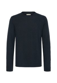 Donkerblauwe trui met lange mouwen, een gestructureerd, geribd ontwerp en een ronde hals. De stof lijkt zacht en licht van gewicht.