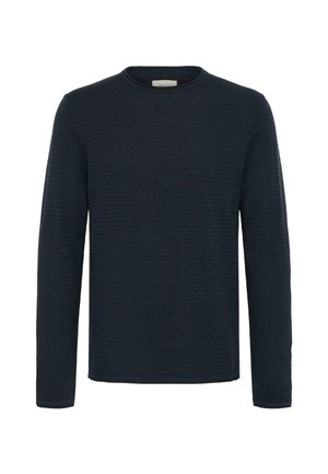 Navy long-sleeve sweater with a textured, ribbed design and a crew neckline. Fabric appears soft and lightweight.