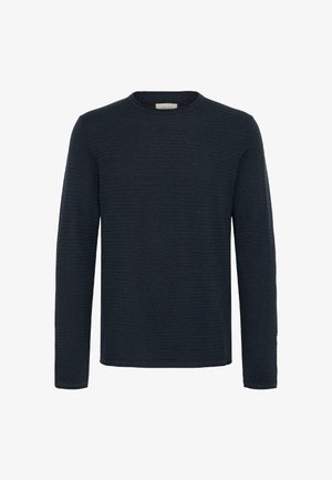 Navy long-sleeve sweater with a textured, ribbed design and a crew neckline. Fabric appears soft and lightweight.