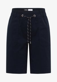 Pantalones cortos azul marino hasta la rodilla con cintura elástica, cierre con cordón, bolsillos delanteros de parche y detalles cosidos.
