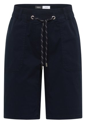 Pantalones cortos azul marino hasta la rodilla con cintura elástica, cierre con cordón, bolsillos delanteros de parche y detalles cosidos.