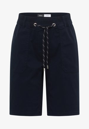 Pantaloncini blu navy fino al ginocchio con vita elastica, chiusura con coulisse, tasche applicate anteriori e dettagli cuciti.