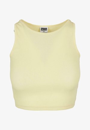 Heled kollane ribaga lühike topp ümmarguse kaelusega ja ilma varrukateta. Kaeluses on silt "URBAN CLASSICS".