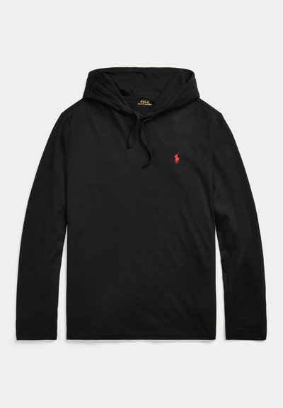 Črna majica s kapuco in dolgimi rokavi Polo Ralph Lauren z vrvico in majhnim rdečim izvezenim logotipom konja na levi strani prsnega koša.