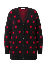 Schwarzer Cardigan mit roten Herzmustern, V-Ausschnitt, Knopfverschluss und gestrickter Textur. Lange Ärmel mit gerippten Bündchen.