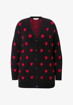 Cárdigan negro con patrones de corazones rojos, con cuello en V, cierre de botones y textura de punto. Mangas largas con puños acanalados.