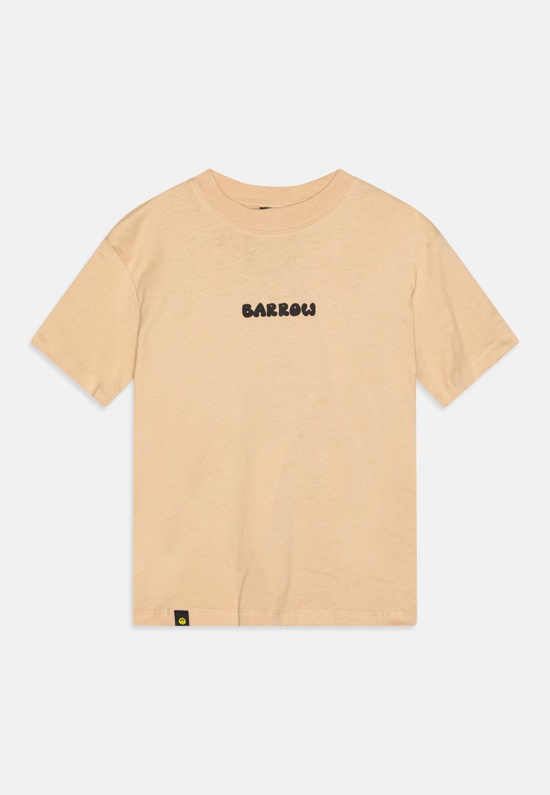 Kortärmad beige t-shirt gjord av mjukt tyg, med en svart "BARROW"-logotyp fram. Fyrkantig form med rund halsringning och en liten tagg nertill.