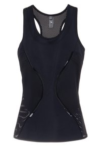 Svart träningslinne med meshpaneler, böjd design och slanka linjer. Har reflektionsdetaljer och en rundad halsringning för ökad andningsförmåga.