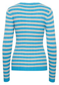 Pull côtelé à manches longues avec rayures horizontales blanches et bleu vif, silhouette ajustée et encolure ronde, vu de dos.