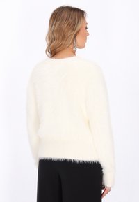 Fluffy witte trui met een ronde hals en lange mouwen. Heeft een zachte textuur en een aansluitende zoom, van achteren getoond. Zwarte broek.