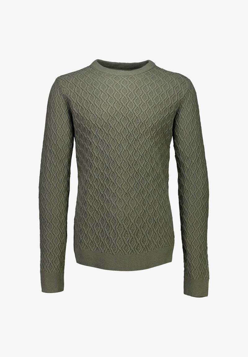 Pullover verde lavorato a maglia con motivo a rombi, colletto rotondo e polsini e orlo a costine. Realizzato in tessuto testurizzato, offre un aspetto strutturato.