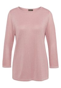 Helle pinke, langärmelige Strickoberteil mit Rundhalsausschnitt und strukturiertem, atmungsaktivem Stoff. Verfügt über eine leicht lockere Passform und umgeschlagene Bündchen.