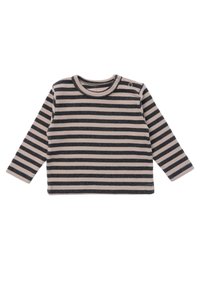 Langärmliges gestreiftes Hemd in Beige und Dunkelgrau, mit einem runden Halsausschnitt und einem Druckknopfdetail an der Schulter. Weiche Stofftextur.