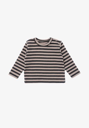 Long-sleeve striped shirt in beige and dark gray, featuring a round neckline and a snap button detail on the shoulder. Soft fabric texture.