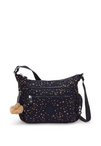 Bolso cruzado navy con estampado de estrellas doradas, compartimentos con cremallera, correa ajustable y un llavero acolchado como acento. Tela duradera.