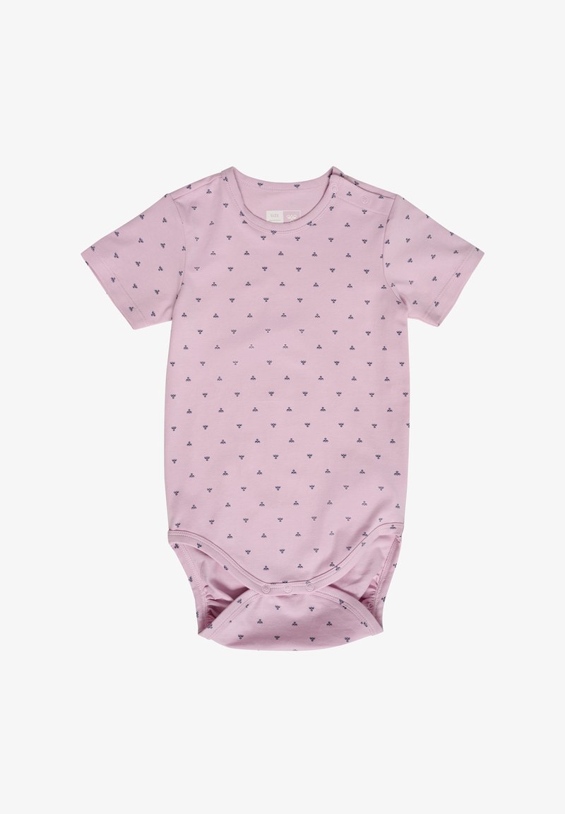 Lyserød kortærmet bodystocking med små marineblå trekantede mønstre, lavet af blødt bomuldsstof og med trykknapper på skulderen og i bunden.